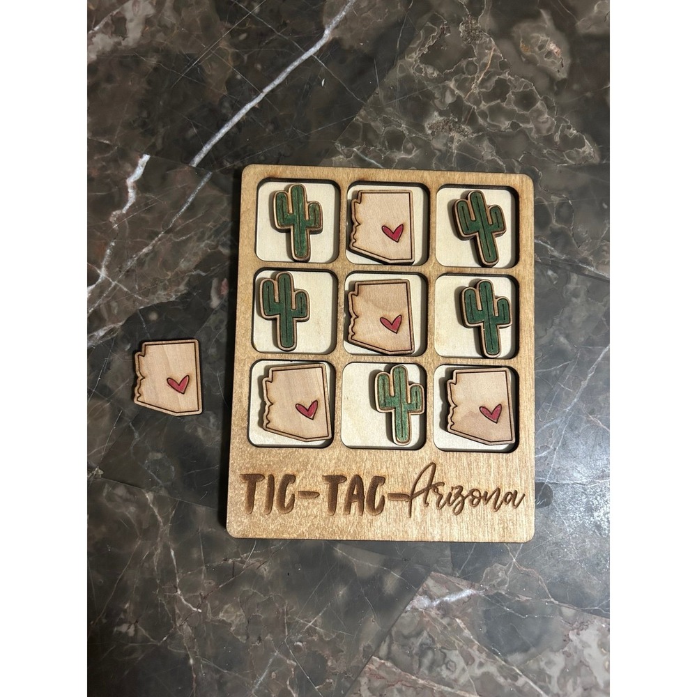 Handmade Wooden Tic Tac Toe Arizona Cactus Game - NEW